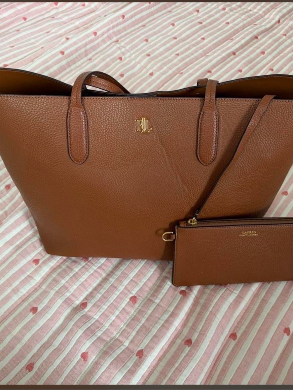 Ralph Lauren Chestnut Brown Pebbled Leather Tote with Wristlet